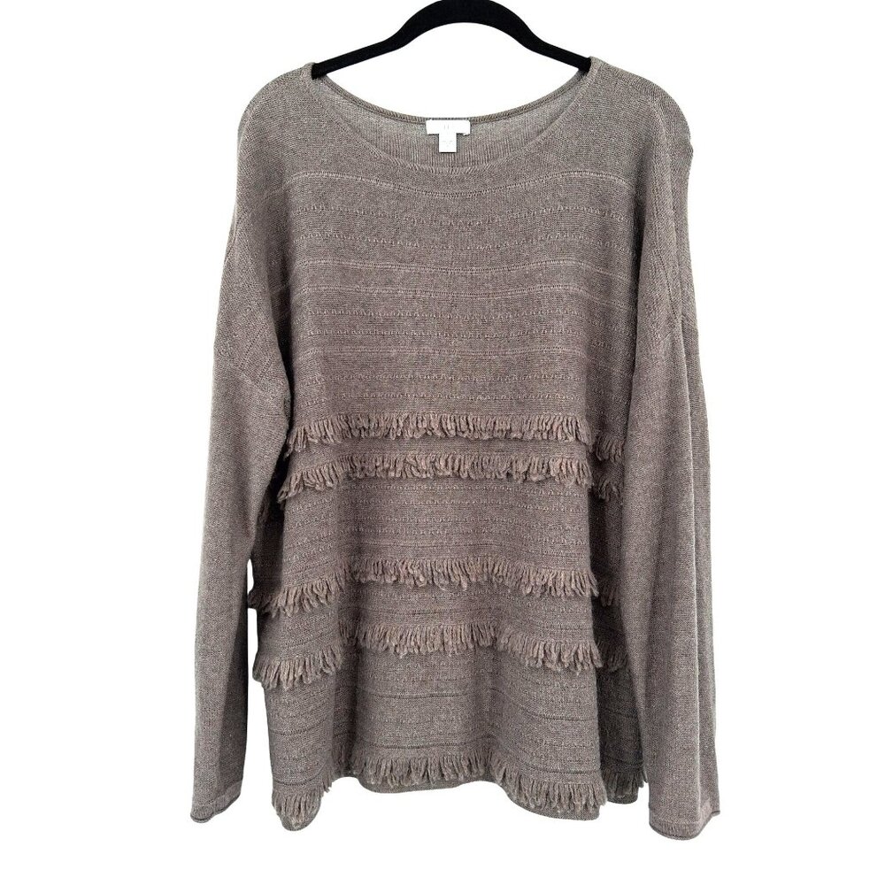 J. Jill Fringed Boatneck Sweater Size Medium Mocha Heather Knit